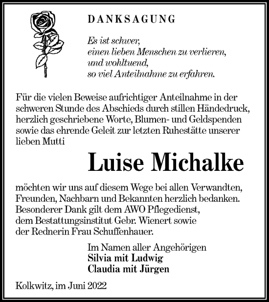 Traueranzeige von Luise Michalke von lausitzer_rundschau