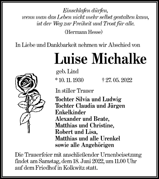 Traueranzeige von Luise Michalke von lausitzer_rundschau