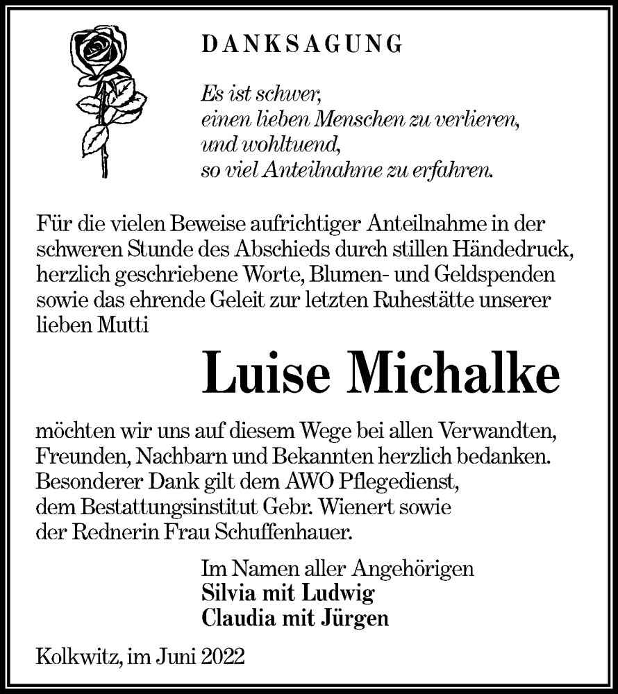  Traueranzeige für Luise Michalke vom 25.06.2022 aus lausitzer_rundschau