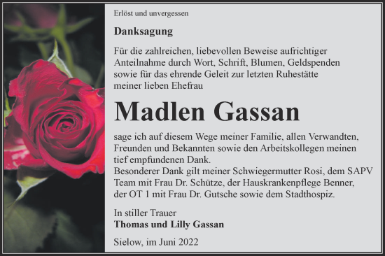 Traueranzeige von Madlen Gassan von lausitzer_rundschau