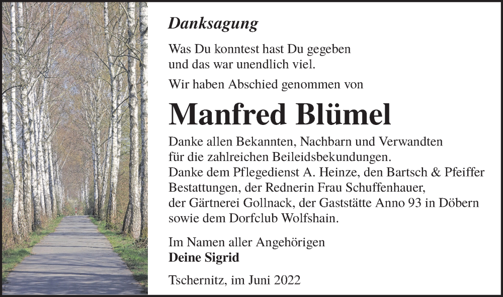  Traueranzeige für Manfred Blümel vom 18.06.2022 aus lausitzer_rundschau