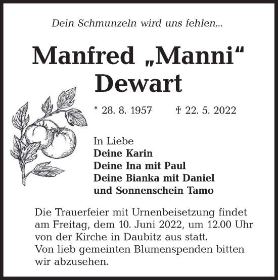Traueranzeige von Manfred Dewart von lausitzer_rundschau