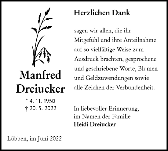 Traueranzeige von Manfred Dreiucker von lausitzer_rundschau