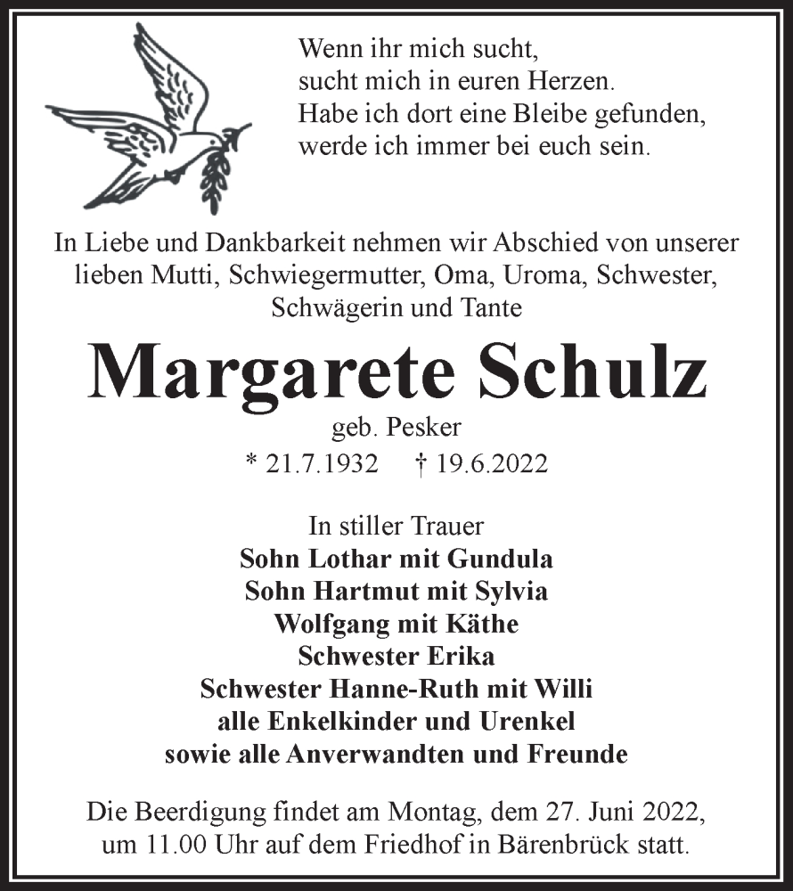  Traueranzeige für Margarete Schulz vom 23.06.2022 aus lausitzer_rundschau