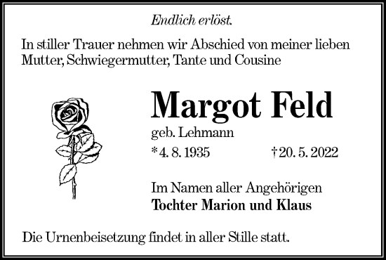 Traueranzeige von Margot Feld von lausitzer_rundschau