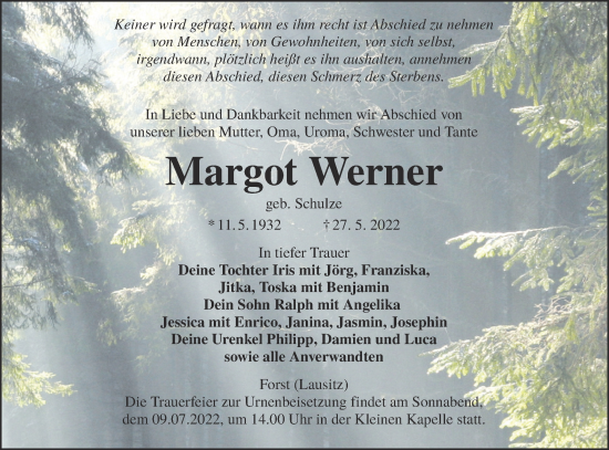 Traueranzeige von Margot Werner von lausitzer_rundschau