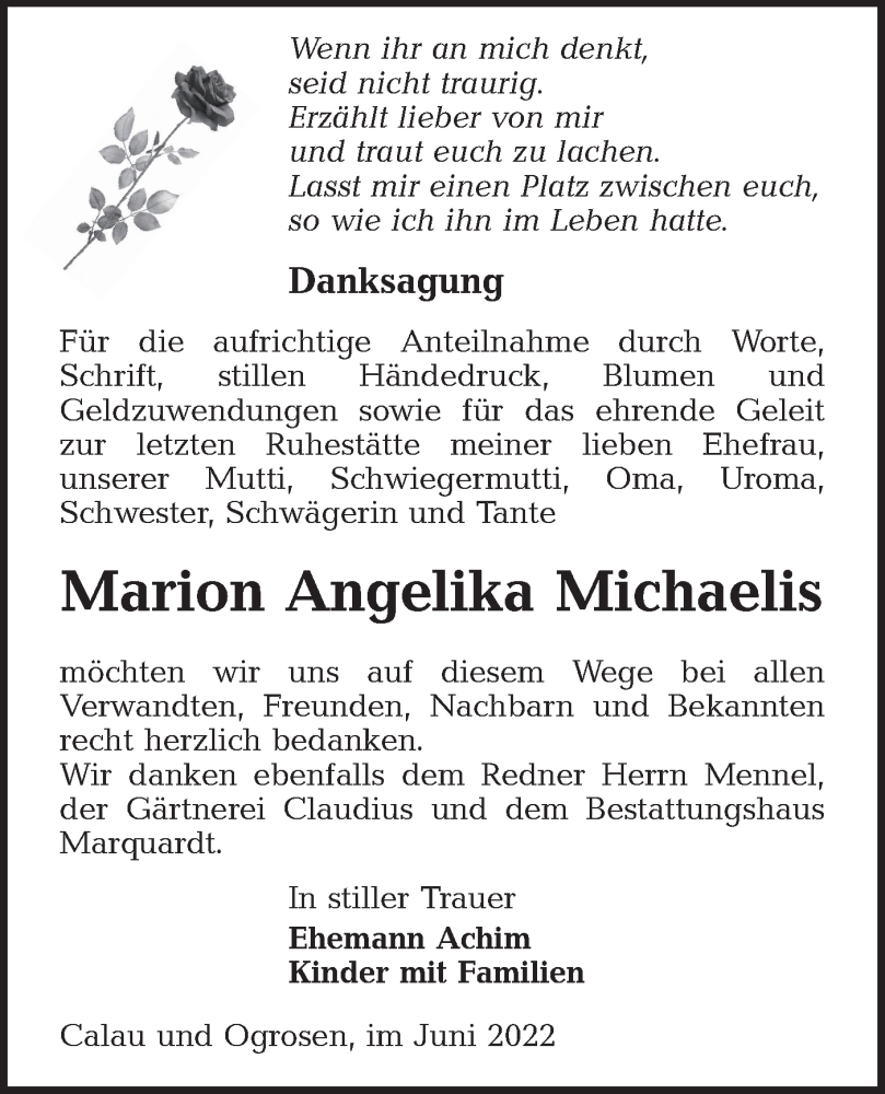  Traueranzeige für Marion Angelika Michaelis vom 18.06.2022 aus lausitzer_rundschau