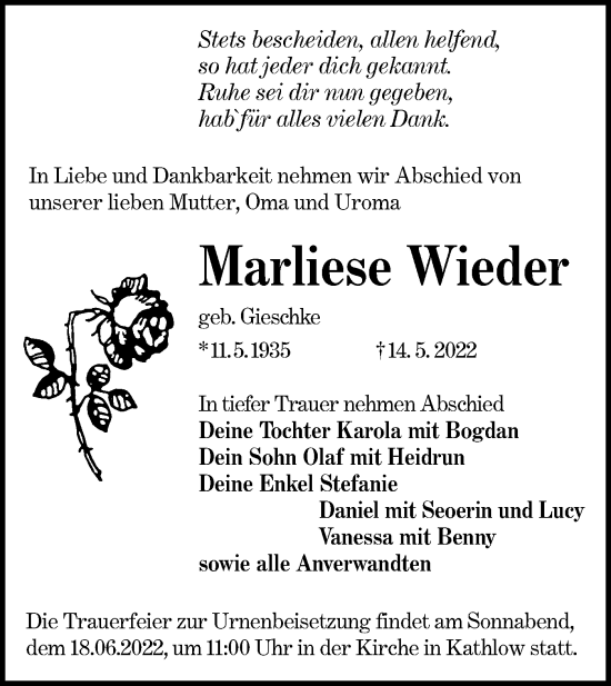 Traueranzeige von Marliese Wieder von lausitzer_rundschau