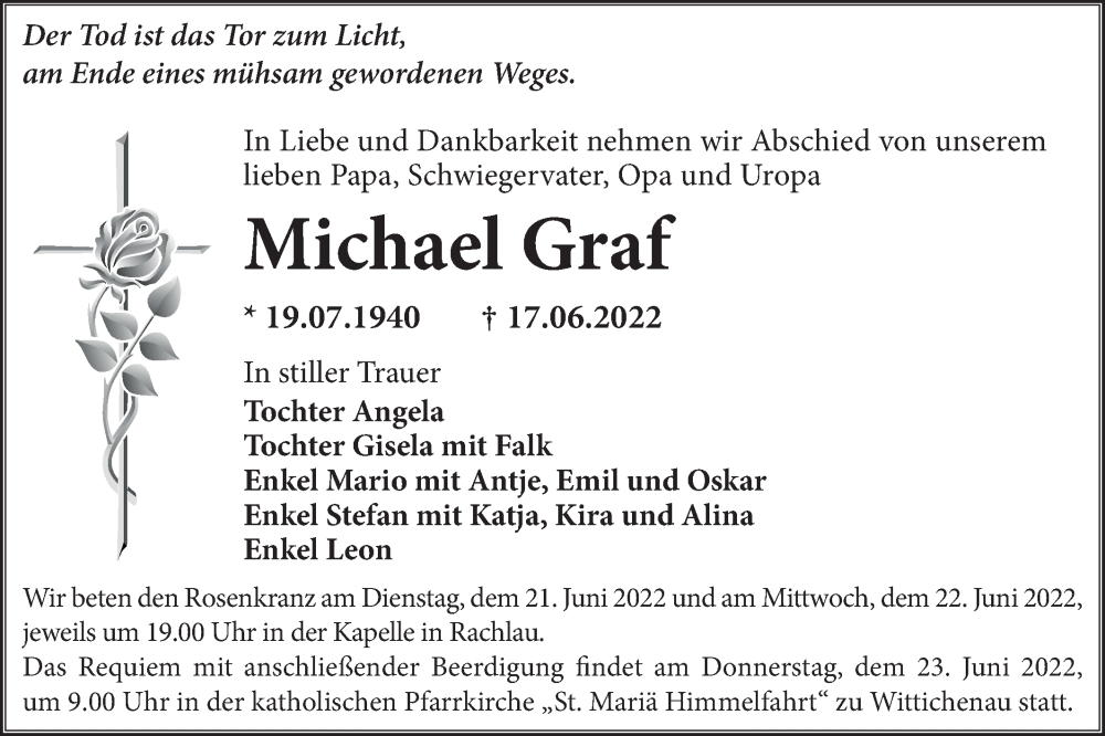  Traueranzeige für Michael Graf vom 21.06.2022 aus lausitzer_rundschau