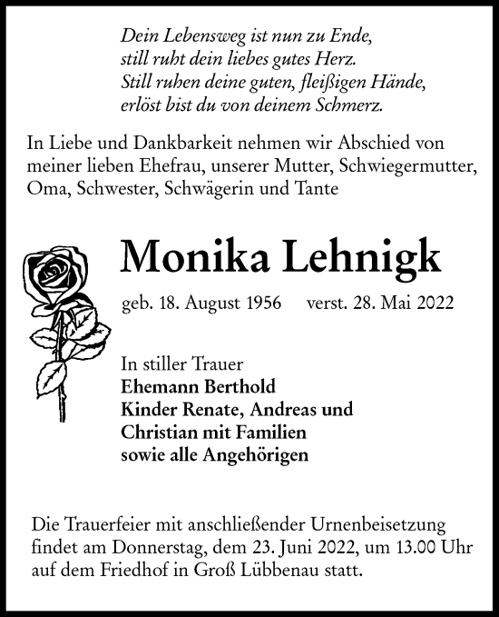 Traueranzeige von Monika Lehnigk von lausitzer_rundschau