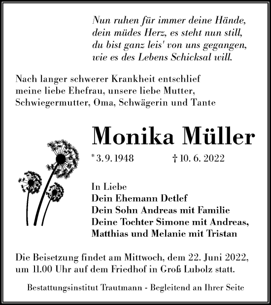 Traueranzeige von Monika Müller von lausitzer_rundschau