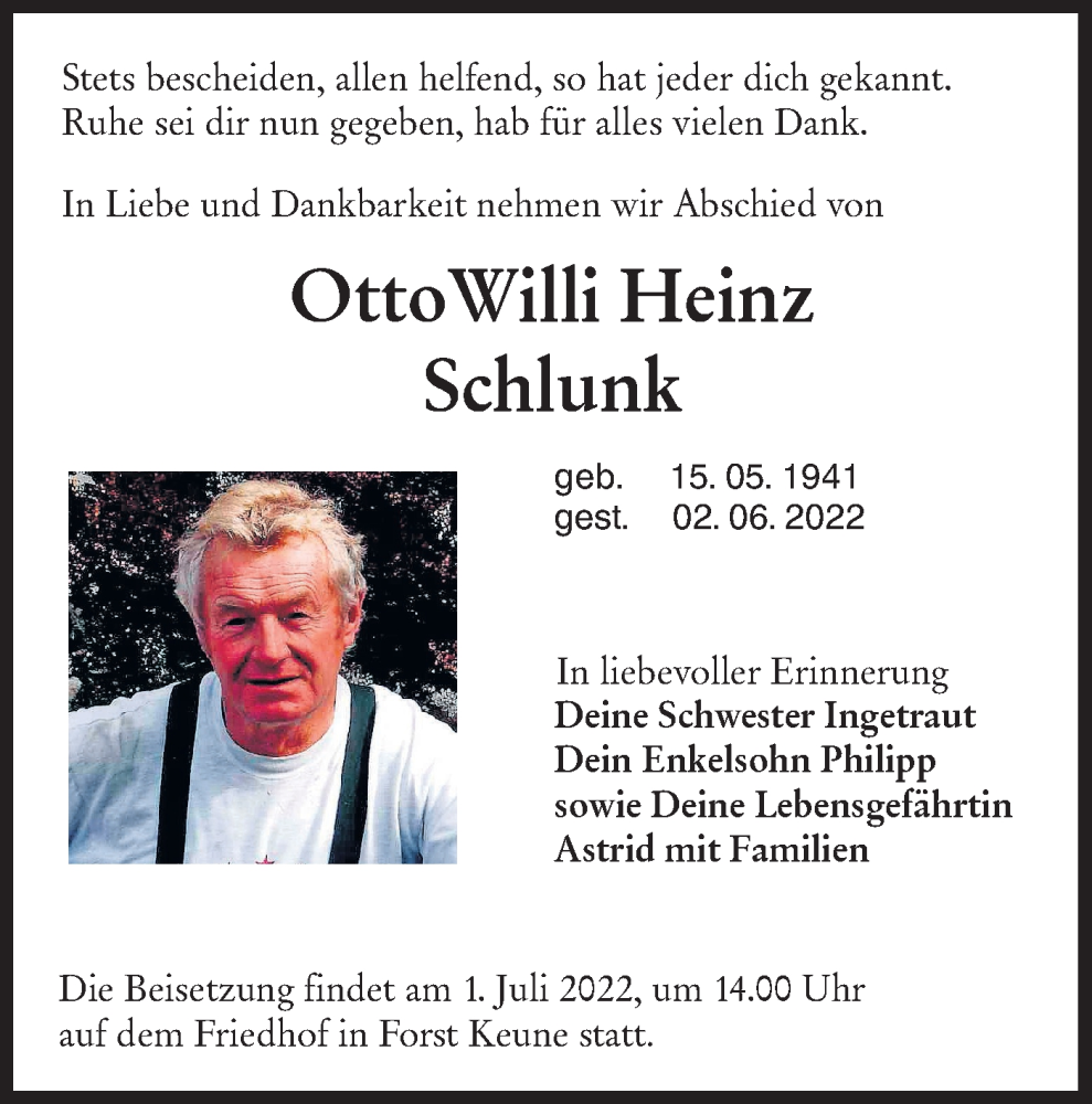  Traueranzeige für Otto Willi Heinz Schlunk vom 25.06.2022 aus lausitzer_rundschau