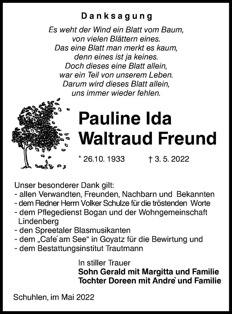  Traueranzeige für Pauline Ida Waltraud Freund vom 11.06.2022 aus lausitzer_rundschau