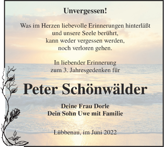 Traueranzeige von Peter Schönwälder von lausitzer_rundschau