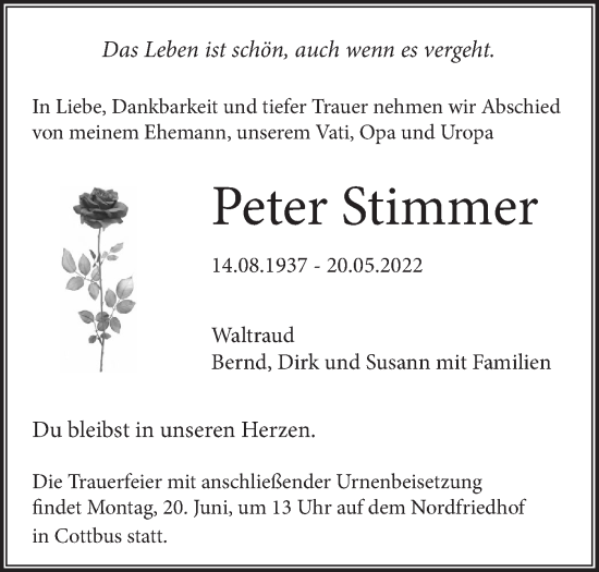 Traueranzeige von Peter Stimmer von lausitzer_rundschau