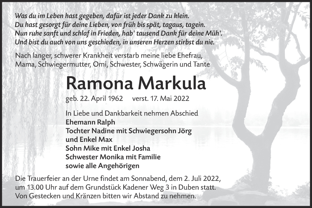  Traueranzeige für Ramona Markula vom 18.06.2022 aus lausitzer_rundschau