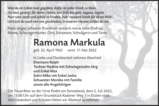 Traueranzeige von Ramona Markula von lausitzer_rundschau