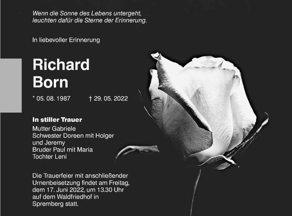  Traueranzeige für Richard Born vom 11.06.2022 aus lausitzer_rundschau