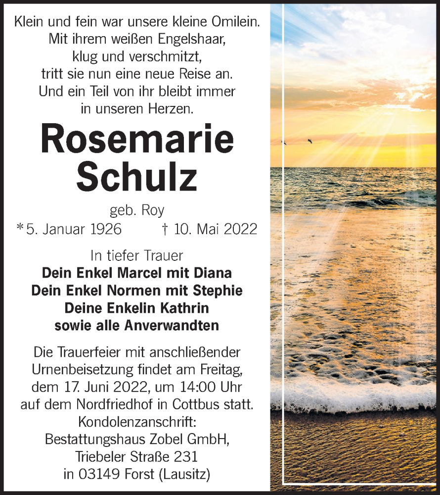  Traueranzeige für Rosemarie Schulz vom 11.06.2022 aus lausitzer_rundschau
