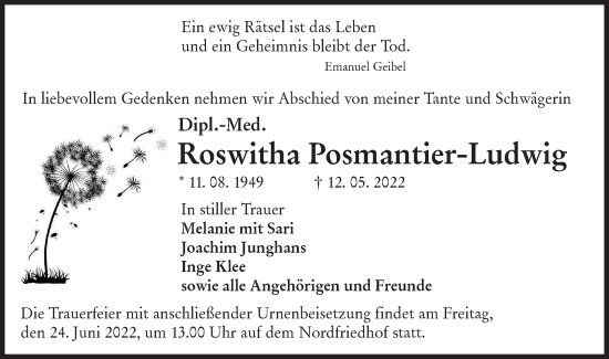 Traueranzeige von Roswitha Posmantier-Ludwig von lausitzer_rundschau