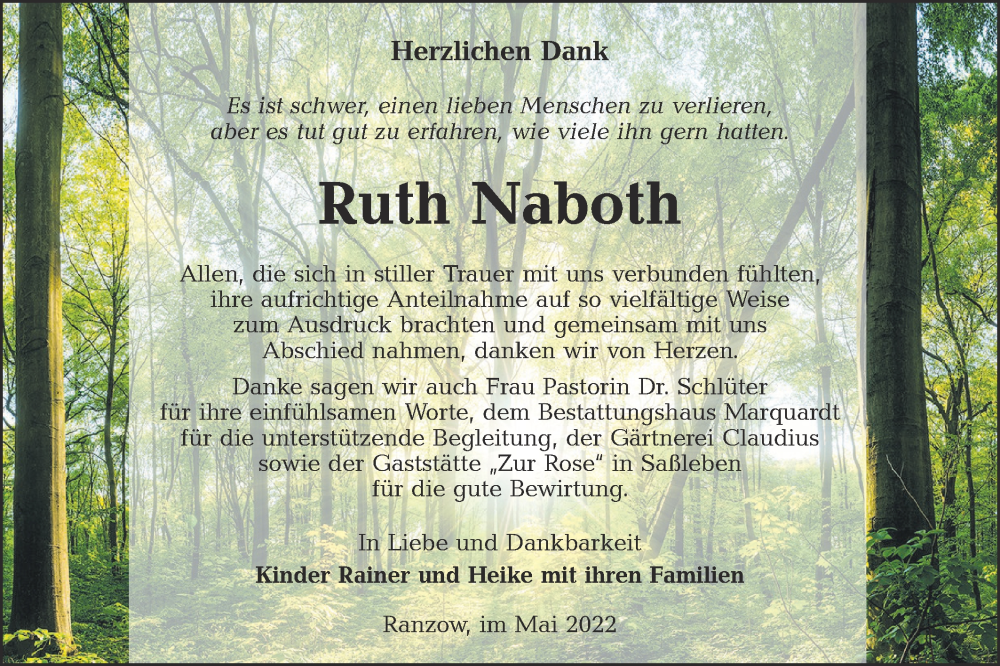  Traueranzeige für Ruth Naboth vom 11.06.2022 aus lausitzer_rundschau