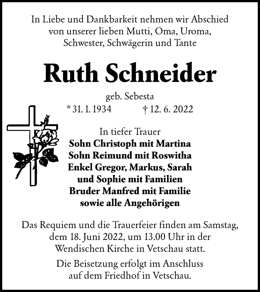  Traueranzeige für Ruth Schneider vom 15.06.2022 aus lausitzer_rundschau