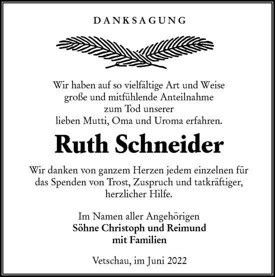 Traueranzeige von Ruth Schneider von lausitzer_rundschau