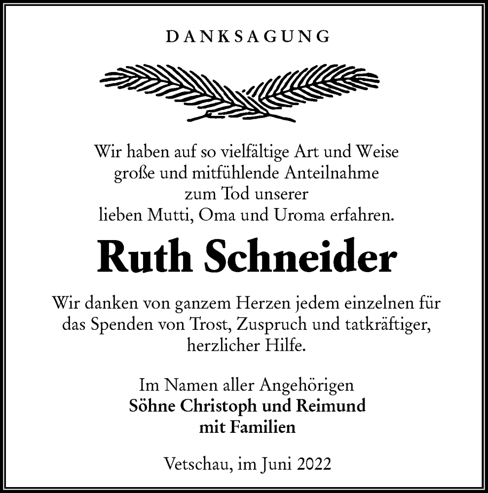  Traueranzeige für Ruth Schneider vom 25.06.2022 aus lausitzer_rundschau