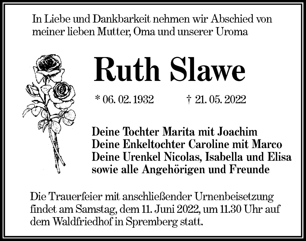  Traueranzeige für Ruth Slawe vom 04.06.2022 aus lausitzer_rundschau