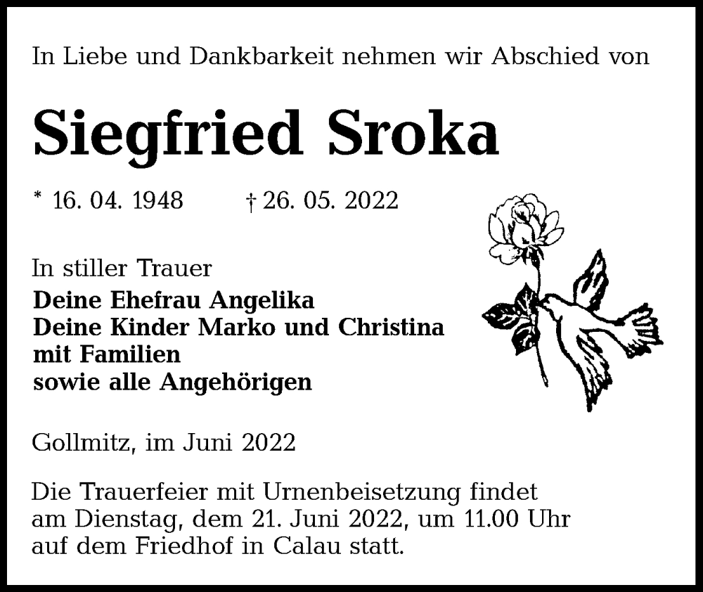  Traueranzeige für Siegfried Sroka vom 04.06.2022 aus lausitzer_rundschau