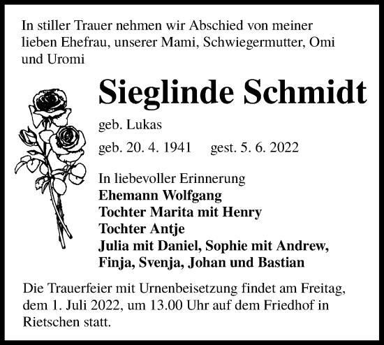 Traueranzeige von Sieglinde Schmidt von lausitzer_rundschau