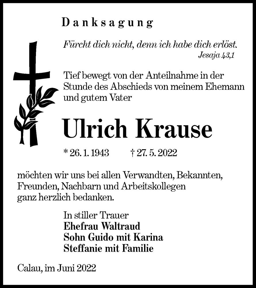  Traueranzeige für Ulrich Krause vom 18.06.2022 aus lausitzer_rundschau