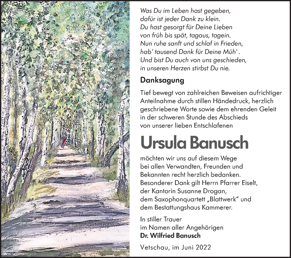  Traueranzeige für Ursula Banusch vom 11.06.2022 aus lausitzer_rundschau