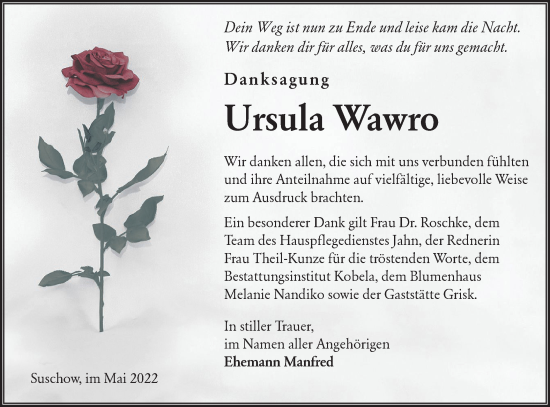 Traueranzeige von Ursula Wawro von lausitzer_rundschau