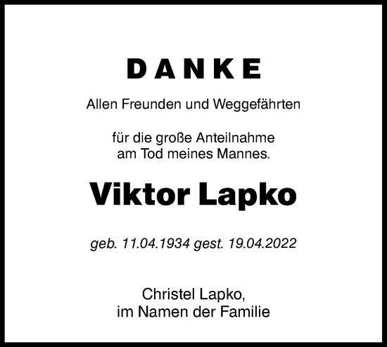 Traueranzeige von Viktor Lapko von lausitzer_rundschau