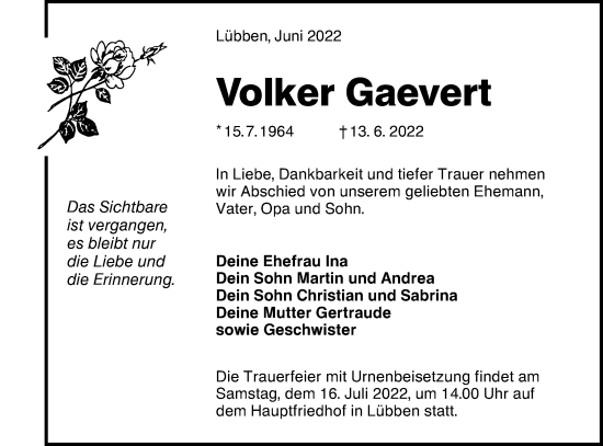 Traueranzeige von Volker Gaevert von lausitzer_rundschau
