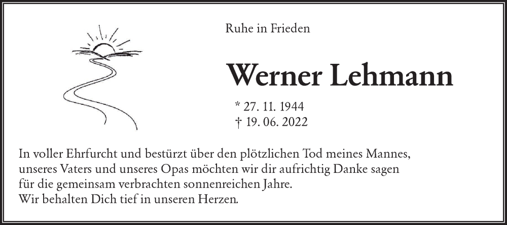  Traueranzeige für Werner Lehmann vom 22.06.2022 aus lausitzer_rundschau