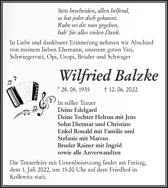 Traueranzeige von Wilfried Balzke von lausitzer_rundschau
