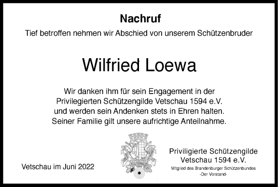 Traueranzeige von Wilfried Loewa von lausitzer_rundschau
