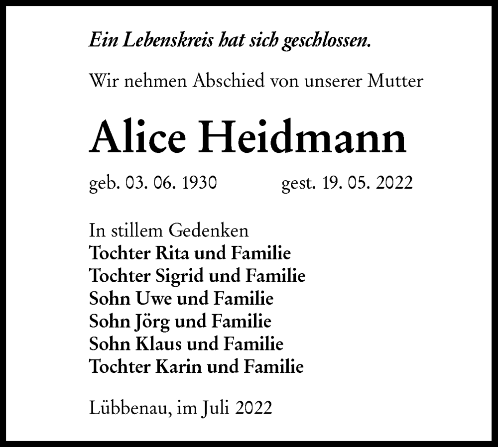  Traueranzeige für Alice Heidmann vom 13.07.2022 aus lausitzer_rundschau