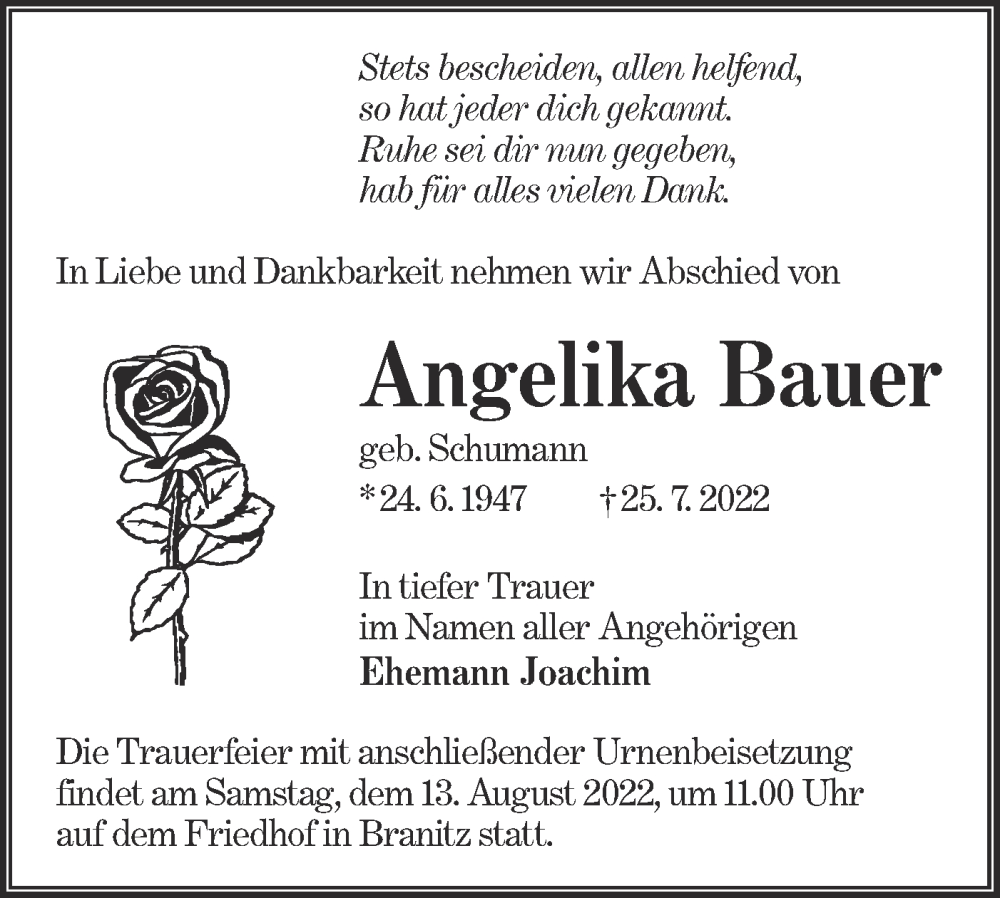  Traueranzeige für Angelika Bauer vom 30.07.2022 aus lausitzer_rundschau
