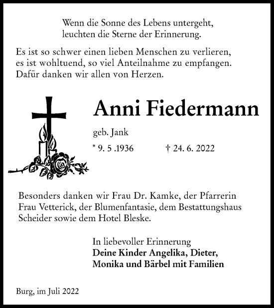 Traueranzeige von Anni Fiedermann von lausitzer_rundschau