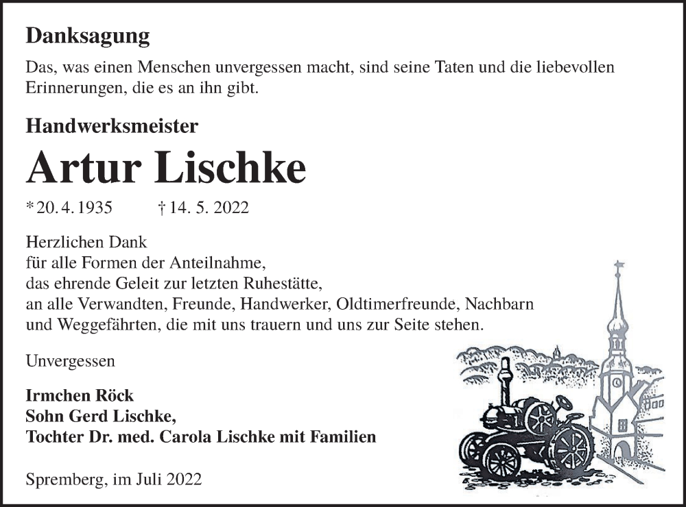  Traueranzeige für Artur Lischke vom 09.07.2022 aus lausitzer_rundschau