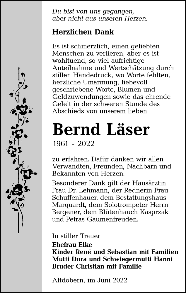  Traueranzeige für Bernd Läser vom 09.07.2022 aus lausitzer_rundschau