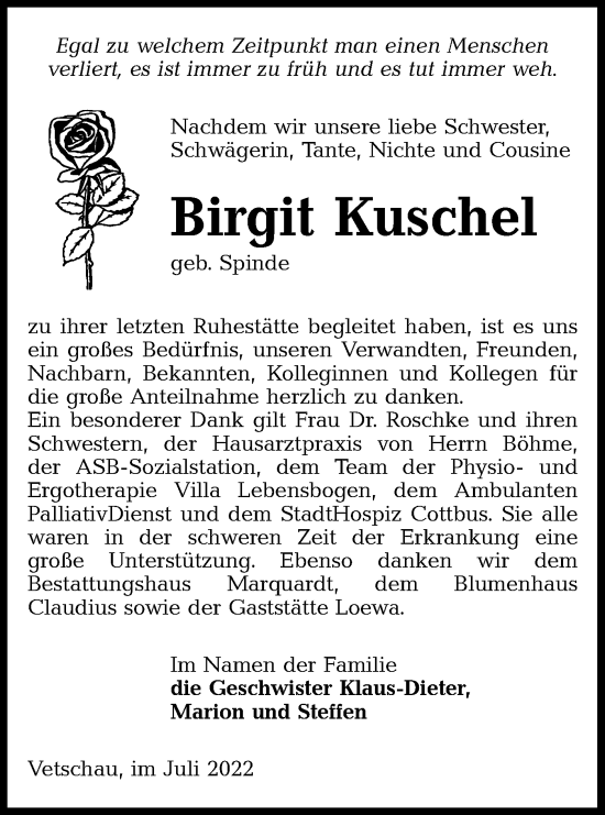 Traueranzeige von Birgit Kuschel von lausitzer_rundschau