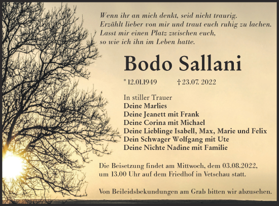 Traueranzeige von Bodo Sallani von lausitzer_rundschau