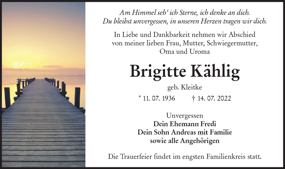  Traueranzeige für Brigitte Kählig vom 30.07.2022 aus lausitzer_rundschau