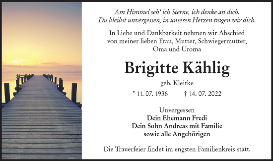 Traueranzeige von Brigitte Kählig von lausitzer_rundschau