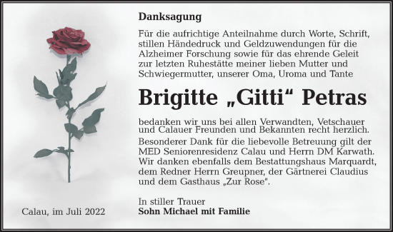 Traueranzeige von Brigitte Petras von lausitzer_rundschau