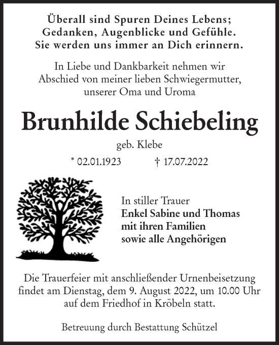 Traueranzeige von Brunhilde Schiebeling von lausitzer_rundschau